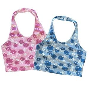 SET of 2 Floral Print Rib Knit Halter Crop Top Blue Pink Hibiscus Hawaii Summer